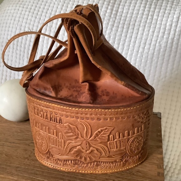 Other - TOOLED Leather Orchid Drawstring Barrel Bag